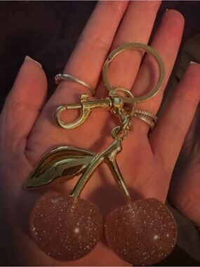 Gold Cherry Keychain with Glitter Pink Cherries - Women Accessories